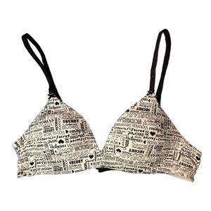 Victoria’s Secret Y2K Logo Print Front Close Bra Cream Black 36A Vintage